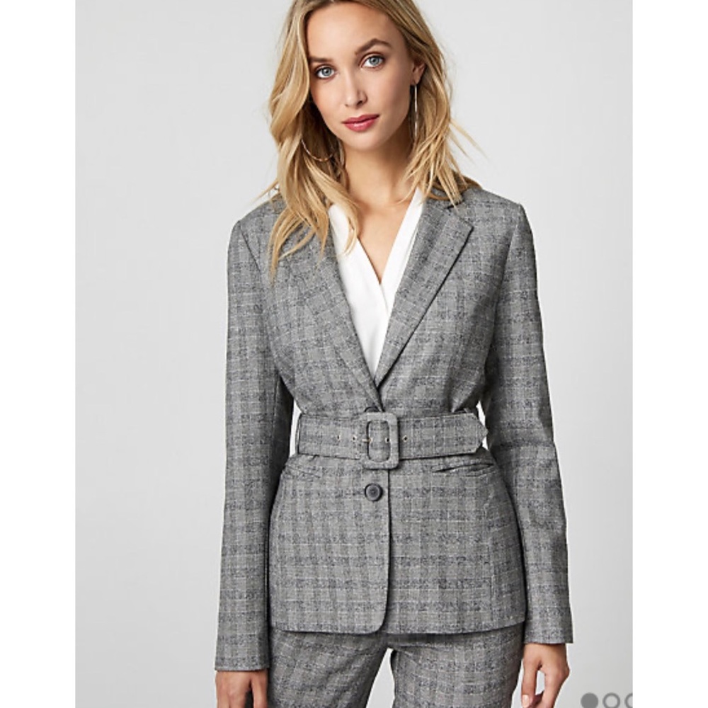 Le Chateau Glen Plaid Notch Collar Belted Blazer
